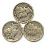 (3) 1943-D Mercury Silver Dimes