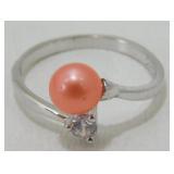 Sterling Silver Bypass Pearl CZ Ring - Size 6-7,