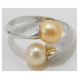 Sterling Silver Bypass Pearl Ring - Size 6-7,