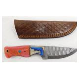 New Damascus Steel Drop Point Knife with Leather