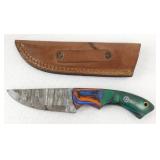 New Damascus Steel Drop Point Knife with Leather