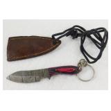 New Damascus Steel Keychain Knife with Leather