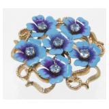 Vintage Blue Floral and Jeweled Brooch