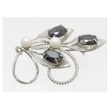 Leaf Hematite Pearl Sterling Silver Brooch Pin