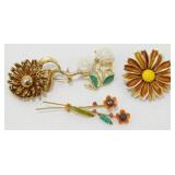 4 Vintage Flower Brooches