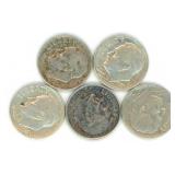 Group of 5 Roosevelt Silver Dimes