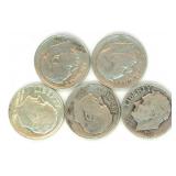 Group of 5 Roosevelt Silver Dimes
