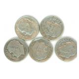 Group of 5 Roosevelt Silver Dimes