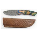New Damascus Steel Drop Point Knife with Leather