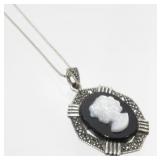 Sterling Silver and Marcasite Cameo Necklace -