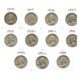 11 Washington Silver Quarters - 1934 to 1944
