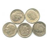 Group of 5 Roosevelt Silver Dimes