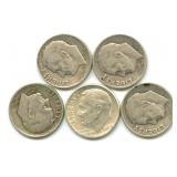 Group of 5 Roosevelt Silver Dimes