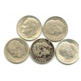 Group of 5 Roosevelt Silver Dimes