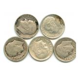Group of 5 Roosevelt Silver Dimes