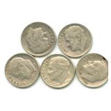 Group of 5 Roosevelt Silver Dimes