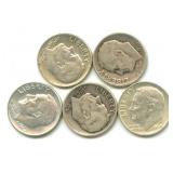 Group of 5 Roosevelt Silver Dimes