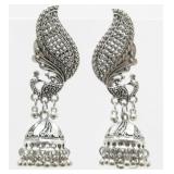Silver Peacock Jhumka Pierced Earrings - 2-7/8"