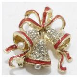 Vintage Jeweled Christmas Bell Brooch - Pearl