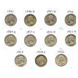 11 Washington Silver Quarters - 1945 to 1955