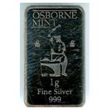 Osborne Mint Silver Bar - 1 Gram, .999 Fine