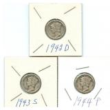 3 Mercury Silver Dimes - 1942-D, 1943-S & 1944-P