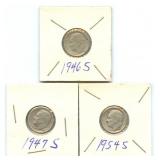 3 Roosevelt Silver Dimes - 1947-S, 1946-S &