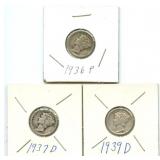 3 Mercury Silver Dimes - 1939-D, 1936-P & 1937-D