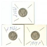 3 Mercury Silver Dimes - 1939-P, 1935-P & 1936-P
