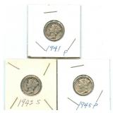 3 Mercury Silver Dimes - 1942-S, 1945-P & 1941-P