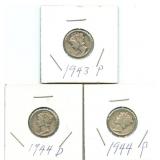 3 Mercury Silver Dimes - 1943-P, 1944-P & 1944-D