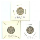 3 Mercury Silver Dimes - 1943-S, 1942-D & 1944-P