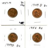 1949-D BU, 1956 BU, 1937-D BU & 1948-D BU Lincoln