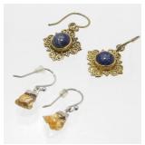 Vintage Brass and Lapis Pierced Earrings -