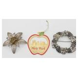 2 Large Jewelry Pins & a New York Apple Ornament