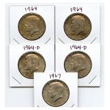 5 Silver Half Dollars - (4) 1964 Kennedy and (1)