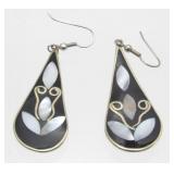 Vintage Alpaca Silver Inlaid Pierced Earrings -