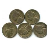 Group of 5 Jefferson Silver War Nickels
