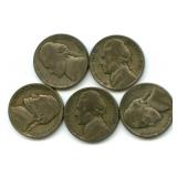 Group of 5 Jefferson Silver War Nickels