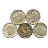 Group of 5 Roosevelt Silver Dimes