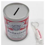 Vintage Budweiser Shorty Can, Coin Bank plus a