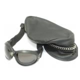 Black Leather Motorcycle Hat and Bug Eye Goggles