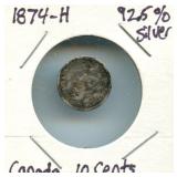 1874-H Canada 10 Cents AU Almost Unreadable
