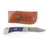 New Custom Damascus Folding Knife with Blue Wood