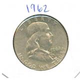 1962 Franklin 90% Silver Half Dollar Coin