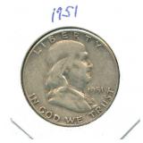 1951 Franklin 90% Silver Half Dollar Coin