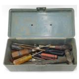 Grey Metal Tool Box with Assorted Hand Tools