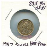 1957 Swiss Half Franc - 83.5% Silver