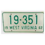 Vintage 1962 West Virginia License Plate