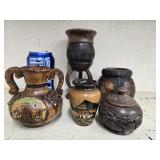 5 Wood Carved vases and bowls - signed 2 handle
